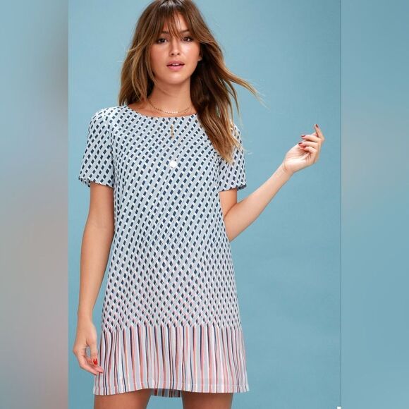 NWT LULU'S Santa Monica Light Blue Print Shift Dress - Picture 6 of 10